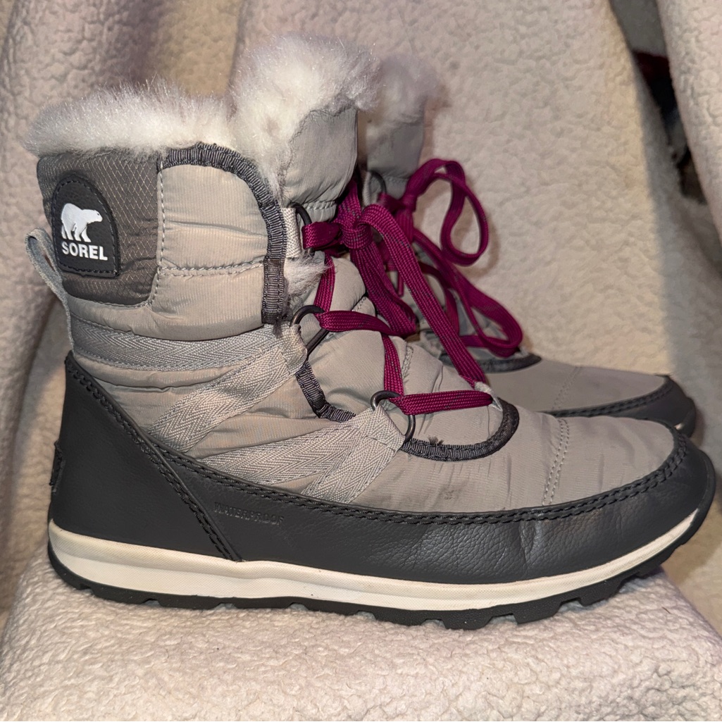 Sorel Grey And Pink Ladies Waterproof Faux Fur Winter Boots Us 8